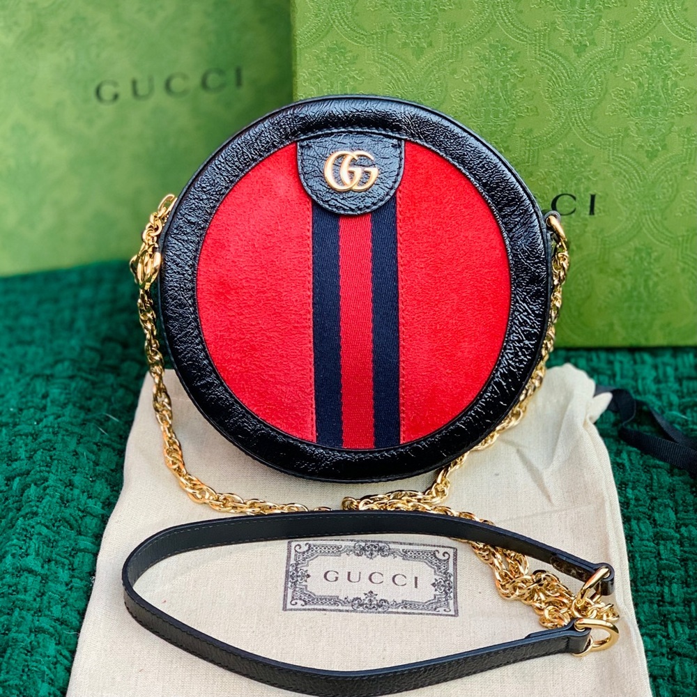 ✨Holiday SALE ✨ GUCCI Ophidia Mini Round Bag Red Suede Black Patent Leather